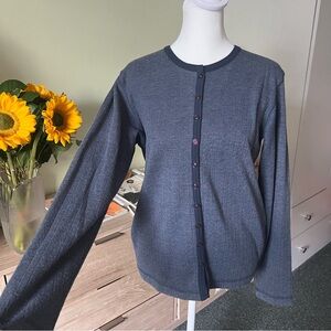 Blue Pointelle Ribbed Contrast Hem Long-Sleeve Slim Fit Cotton Cardigan Sweater